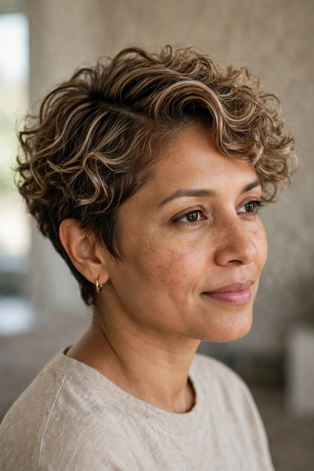 Woman with light brown curly pixie and a side part
