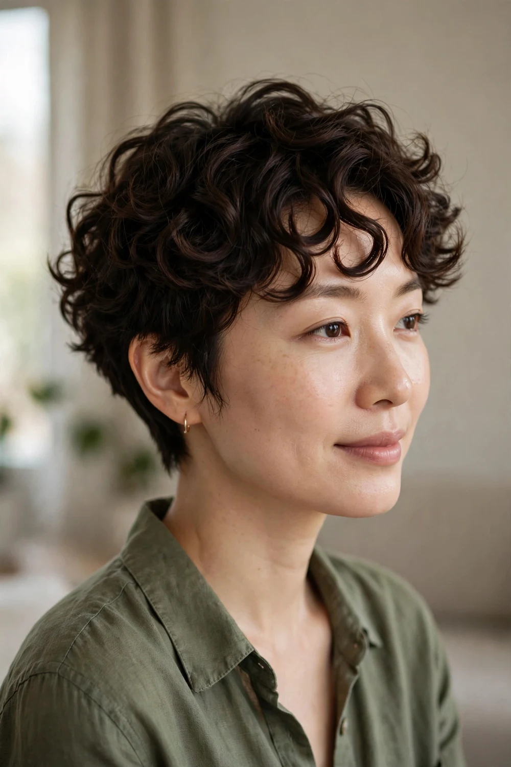 Woman with chic brunette curly pixie with side sweep