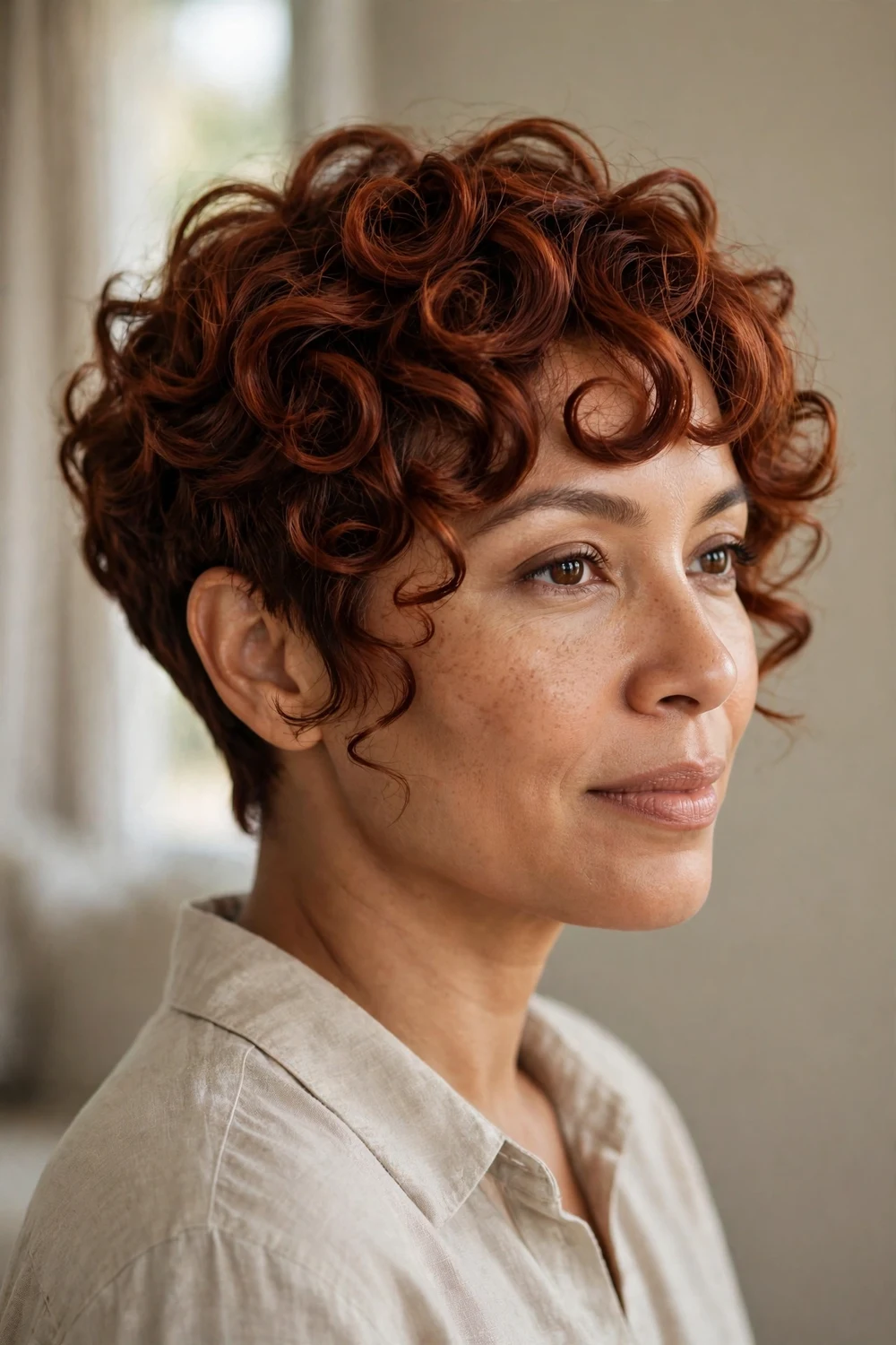 Woman with auburn curly pixie and side-swept curly bangs