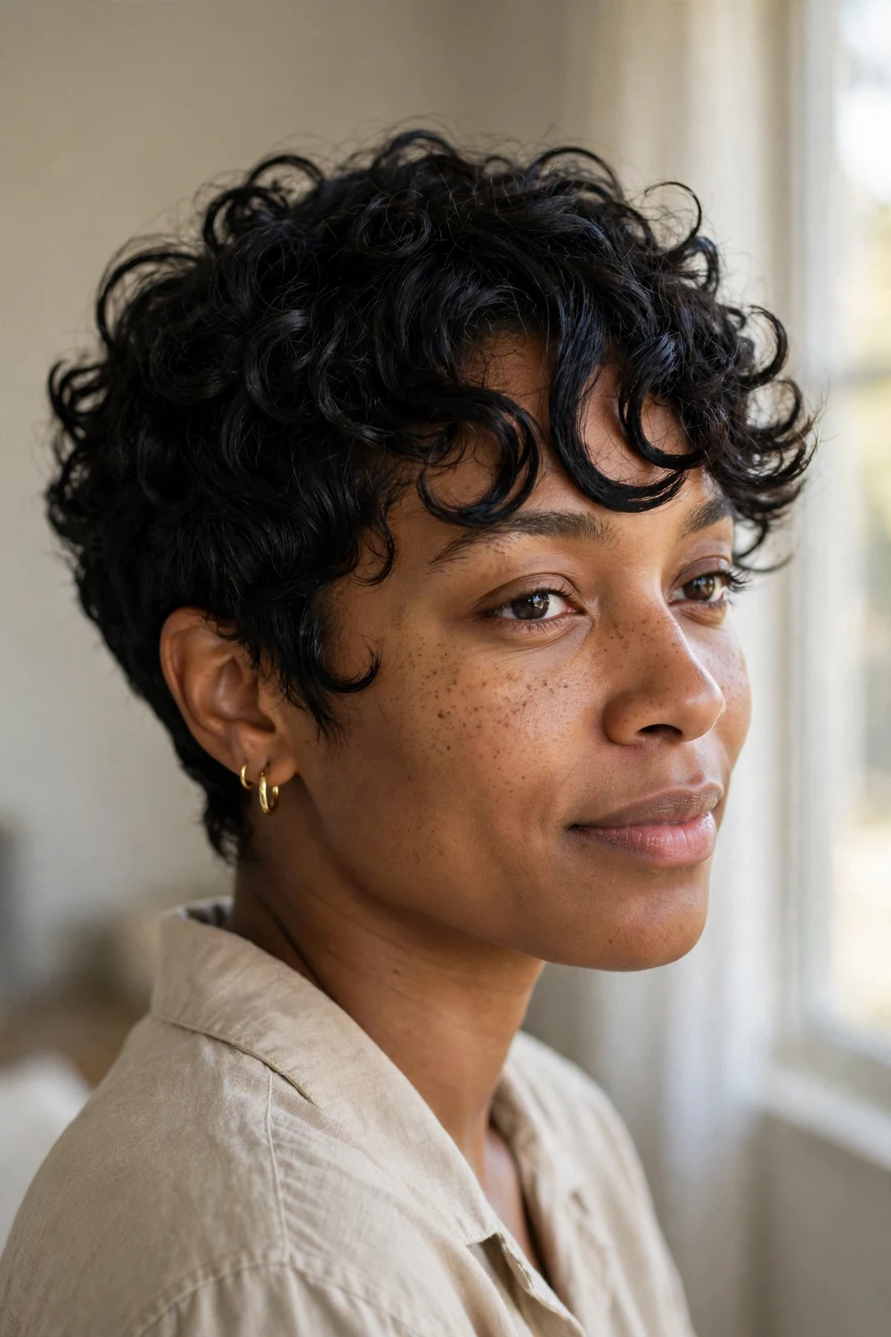 Curly pixie with side-swept curly bangs