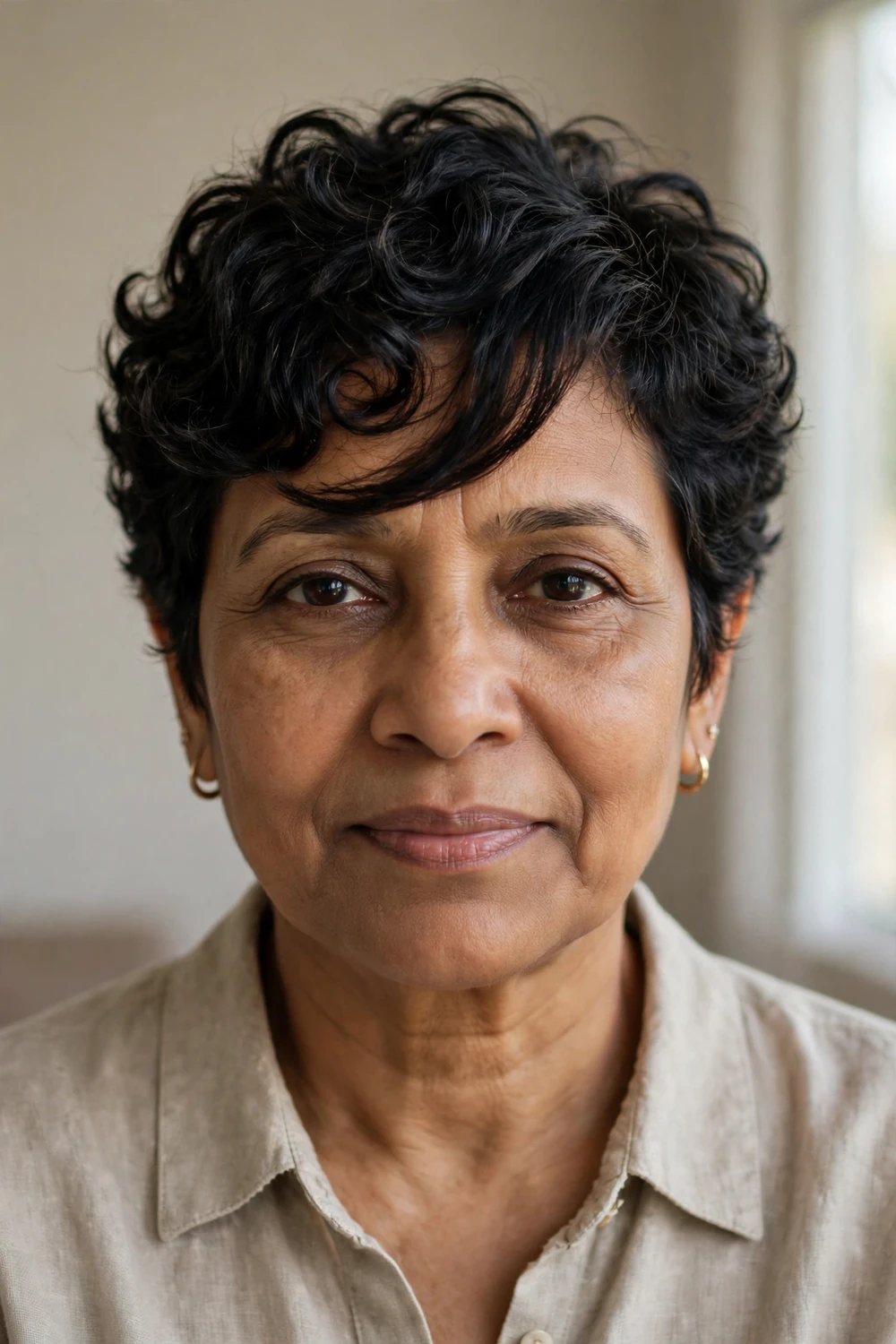 Woman over 50 with a curly pixie and side-swept fringe across the forehead
