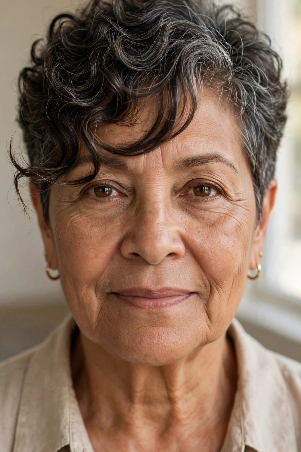 Woman over 60 with a curly pixie and side-swept curly fringe