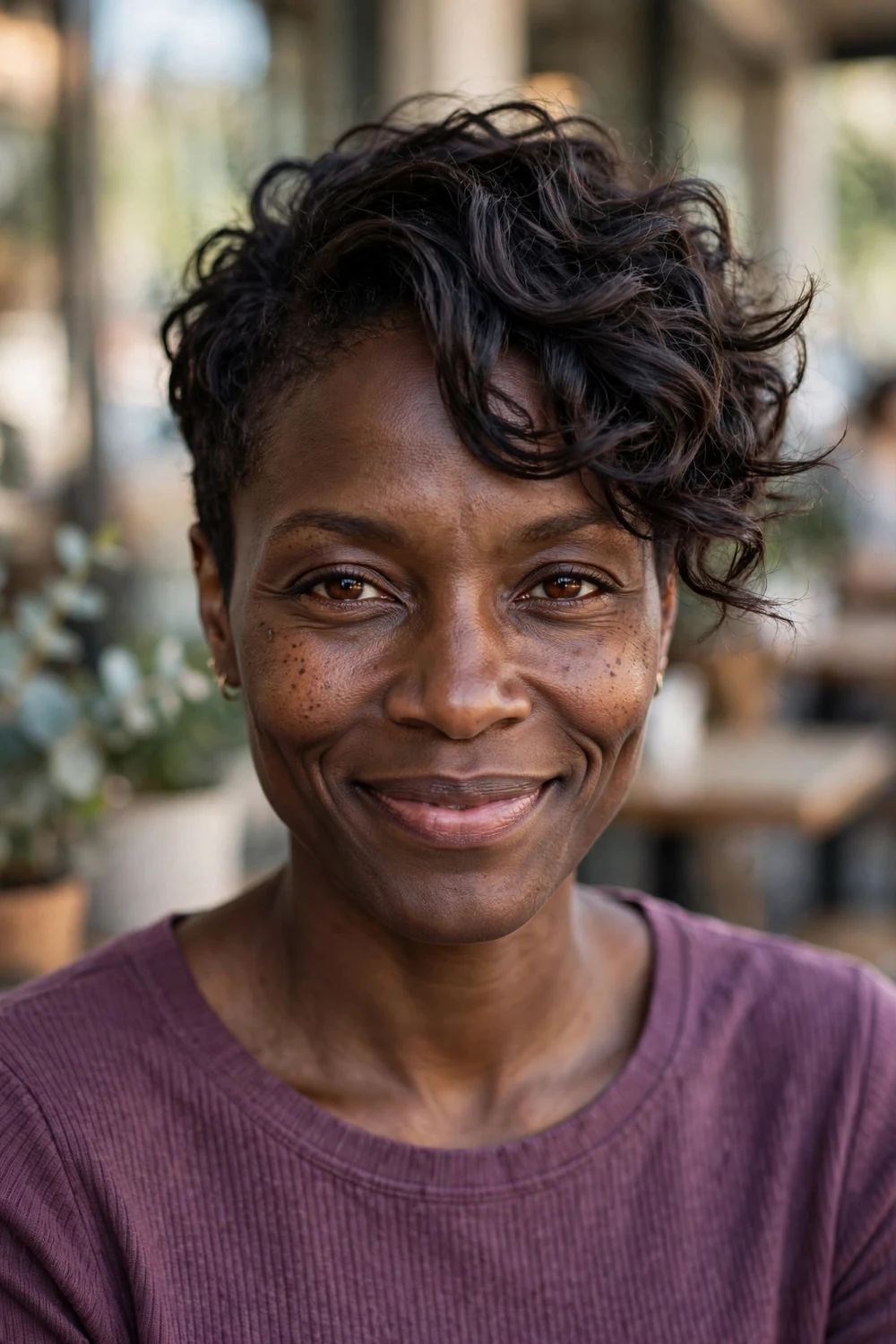 Black woman in her mid-30s with a curly pixie and longer side-swept front curls