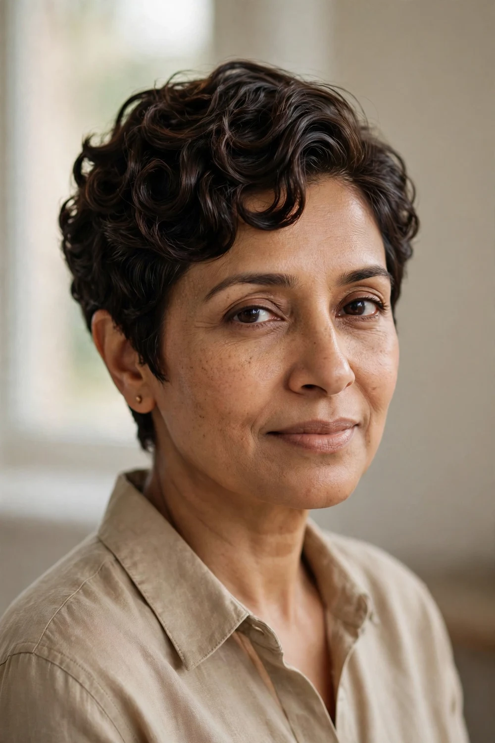 Woman with sleek sophisticated curly pixie with gloss finish