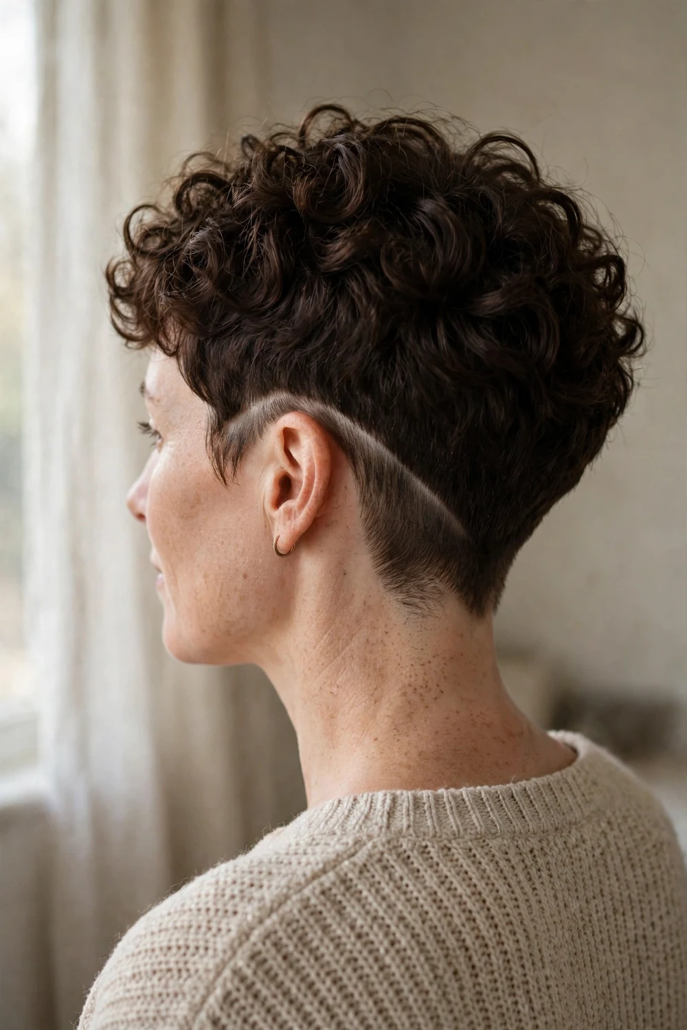 Woman with curly pixie with subtle undercut at the nape