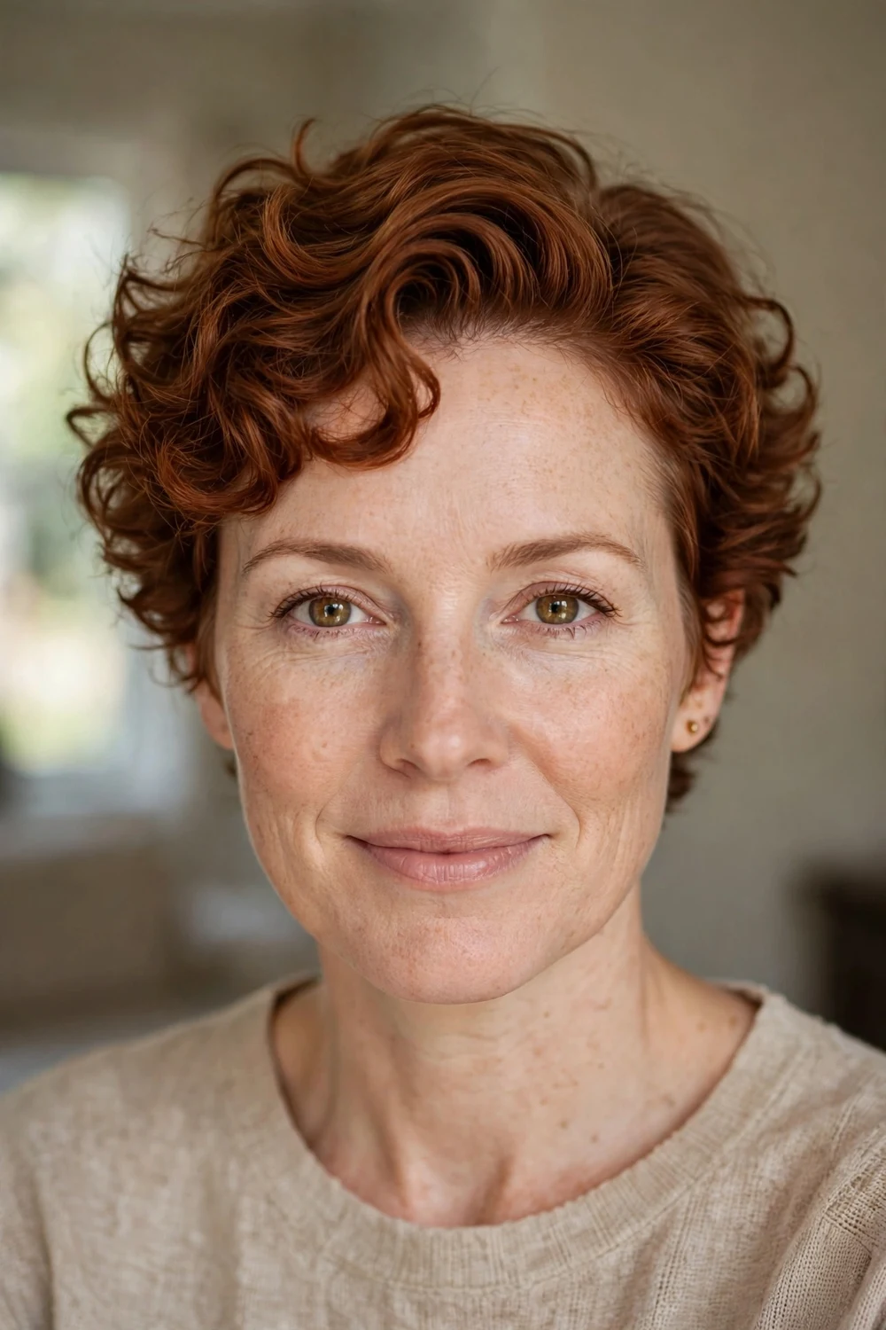 Curly pixie with bangs swept back off the forehead
