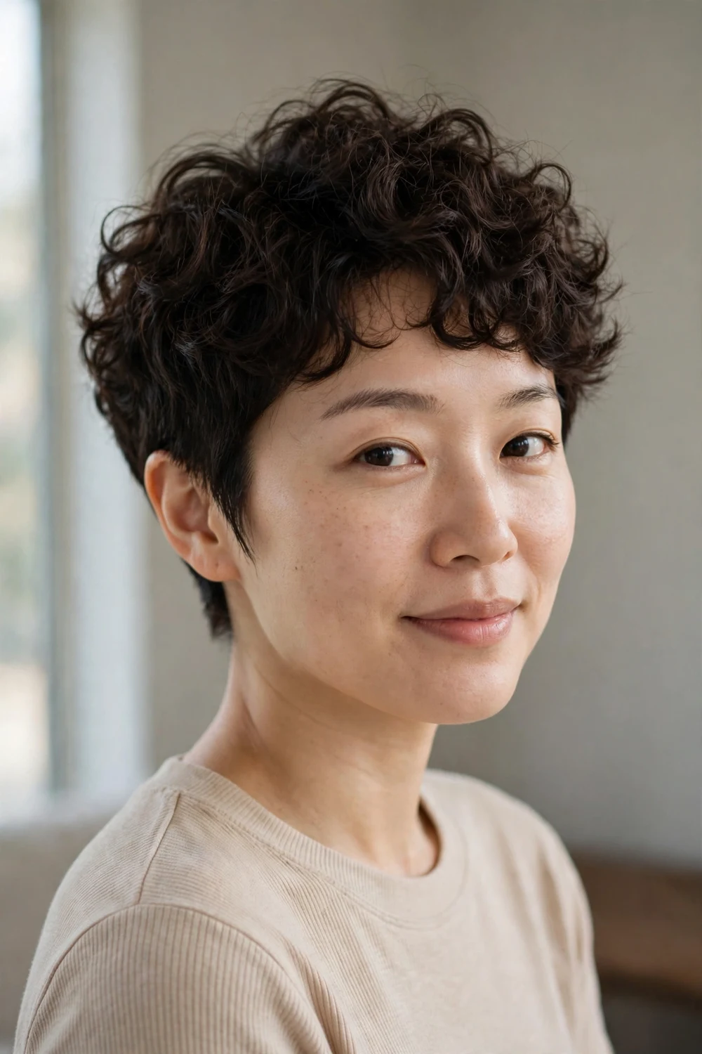 Woman with curly pixie and neatly tapered sides