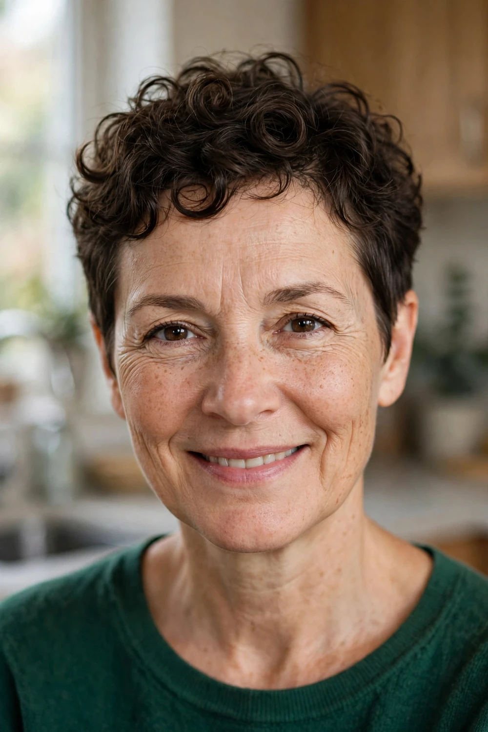 Woman over 50 with a curly pixie hairstyle on thin hair