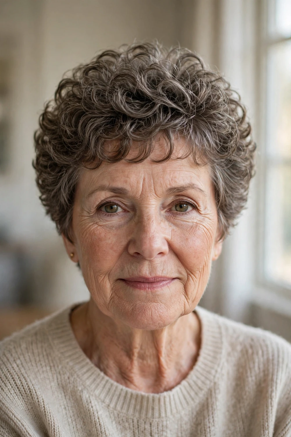 Woman over 50 with a curly pixie for thinning hair, fuller-looking short curls