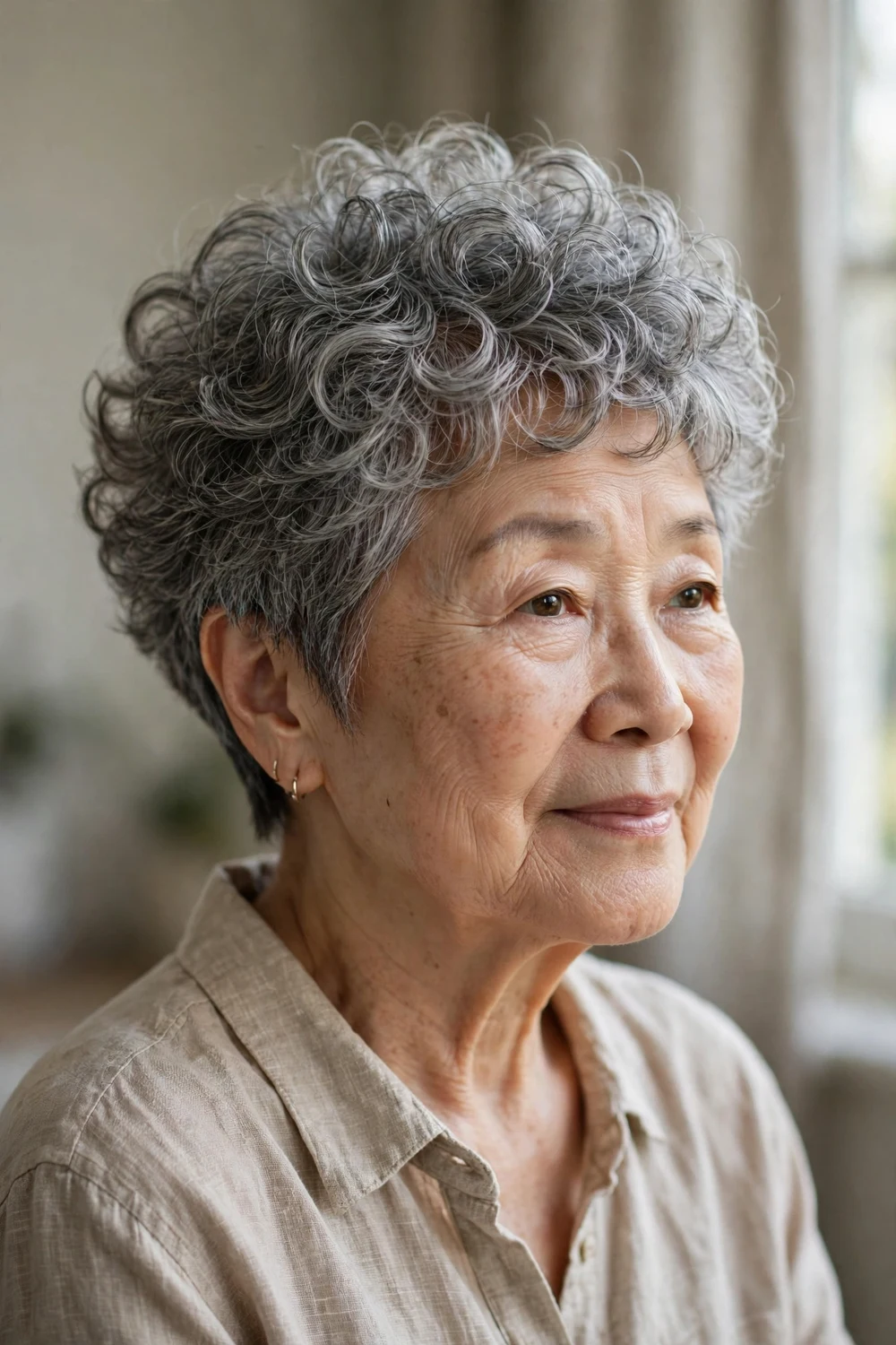Older woman with a curly pixie cut for thinning hair, short textured layers adding volume