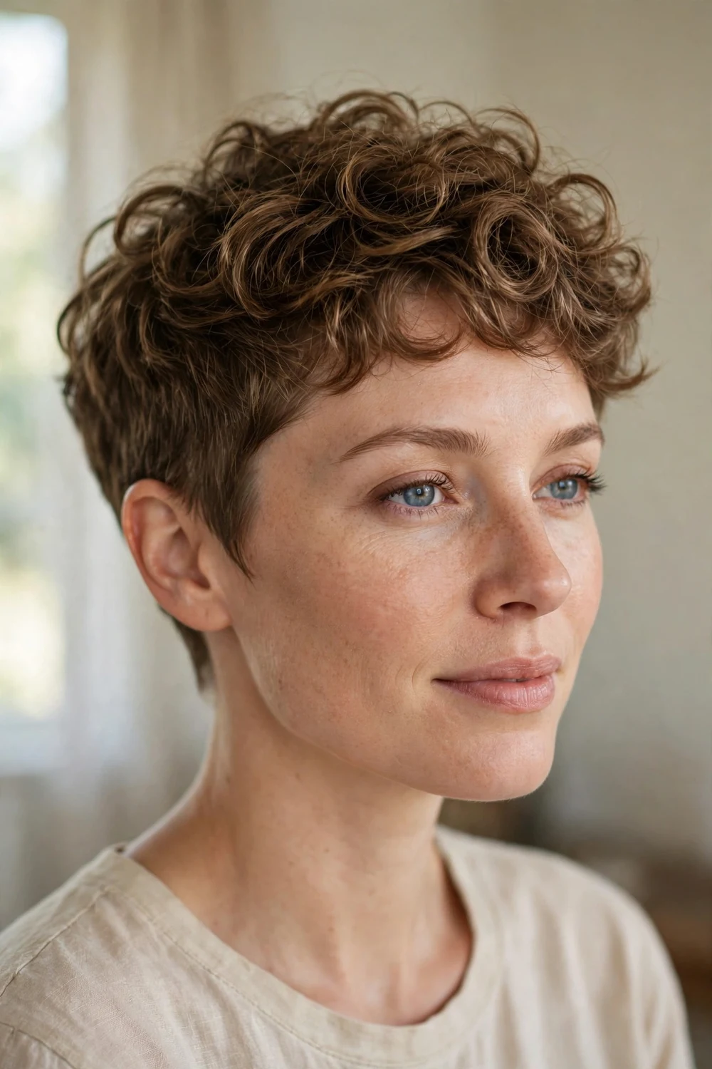 Woman with sandy brown softly tousled curly pixie for oval faces