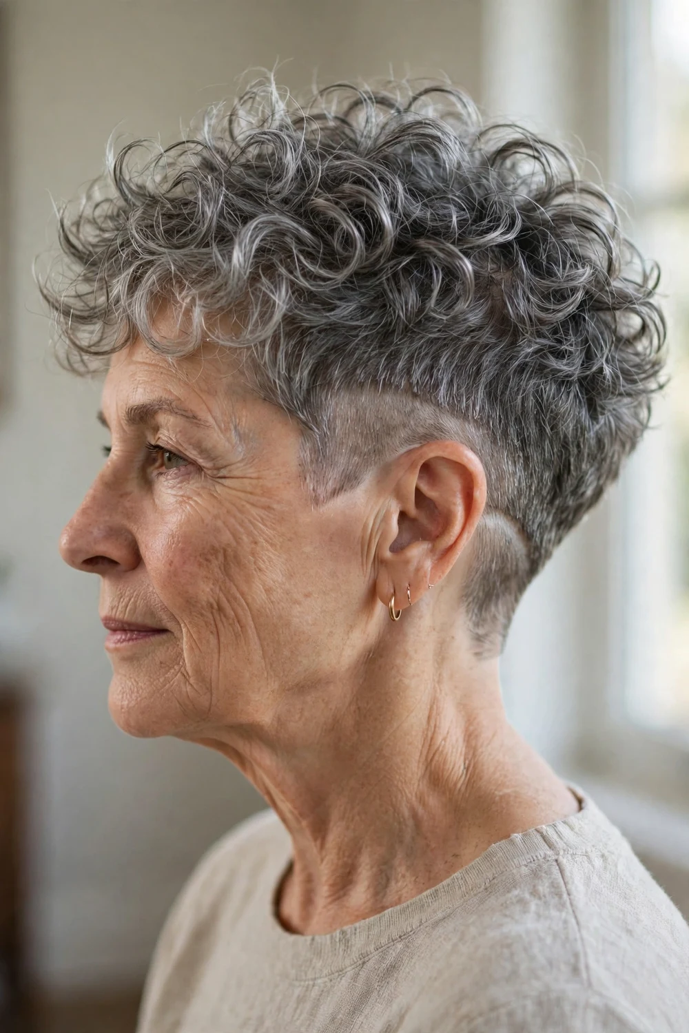 Woman over 60 with a curly pixie with undercut
