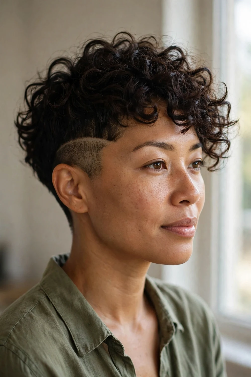Woman with dark brunette curly pixie and shaved side undercut