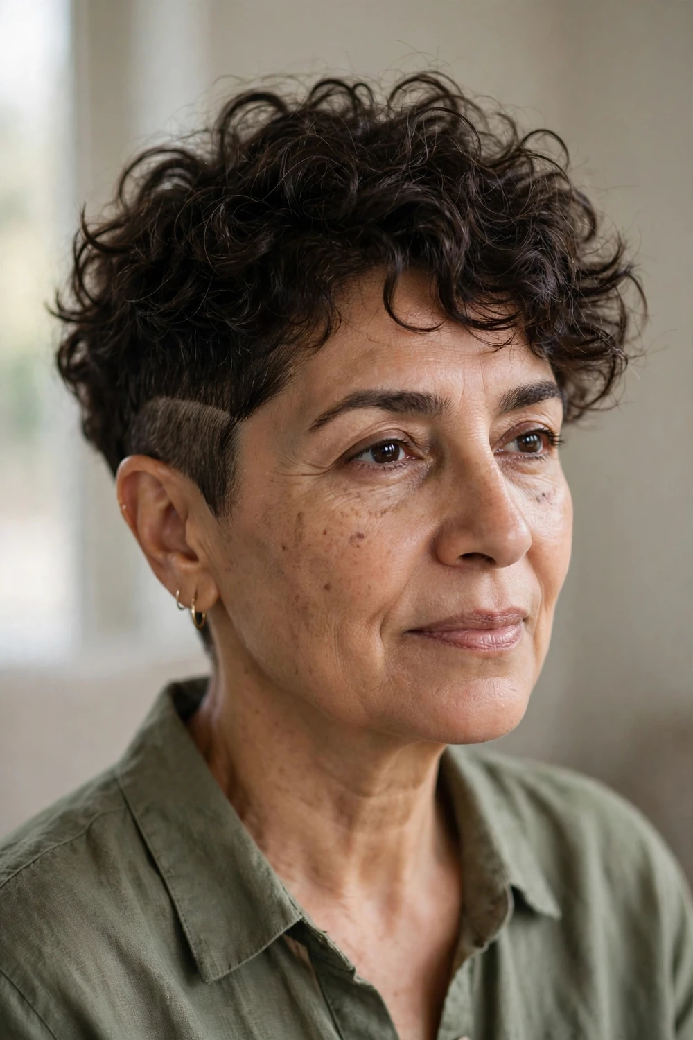 Woman over 50 with a curly pixie undercut, clipped sides and long choppy curls on top