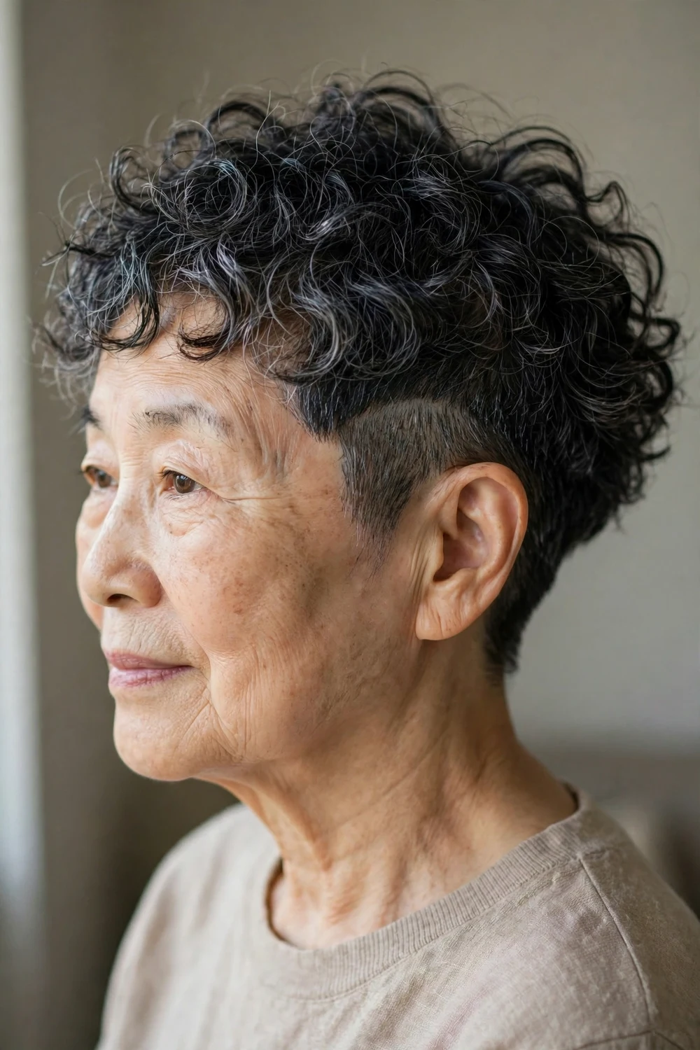 Older woman with a curly pixie undercut, clipped sides and long choppy curls on top
