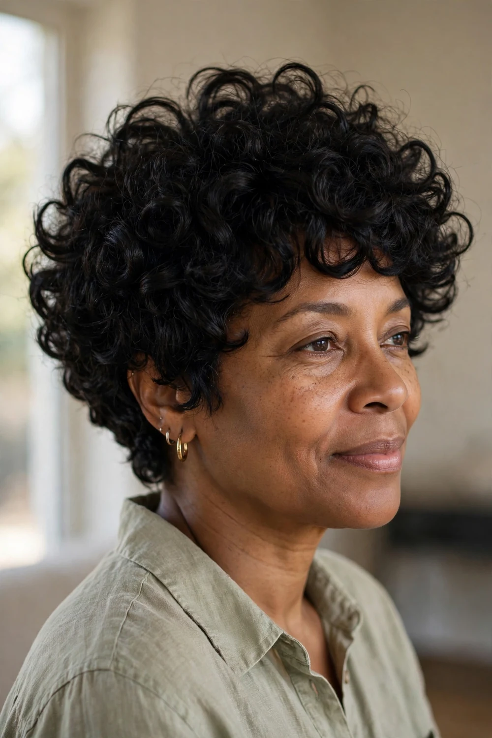 Woman with voluminous black curly pixie