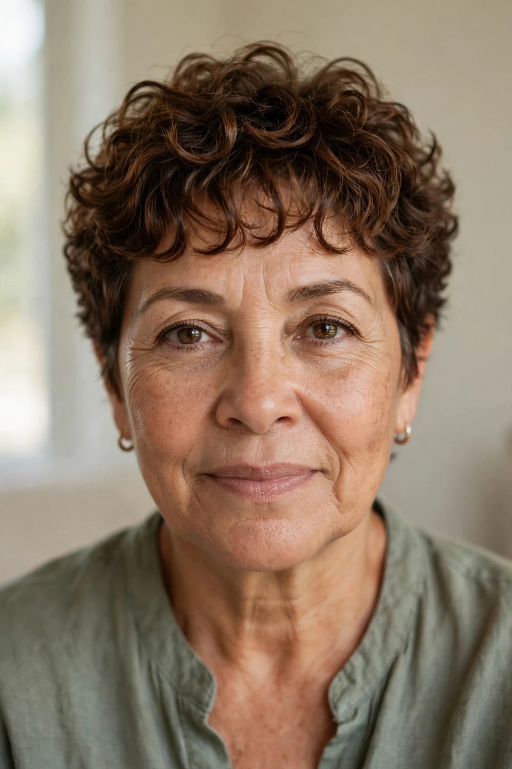 Woman over 50 with a curly pixie and wispy curly bangs across the forehead