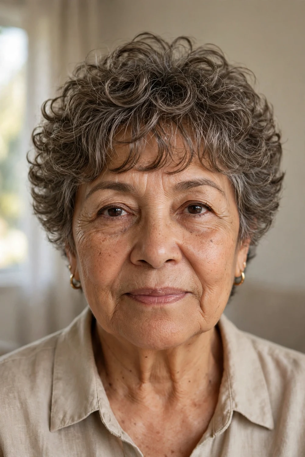 Mature woman with a curly pixie and wispy curly bangs across the forehead