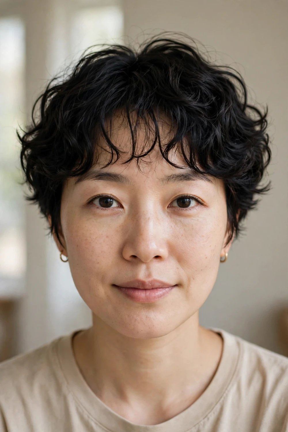 Curly pixie with light wispy bangs
