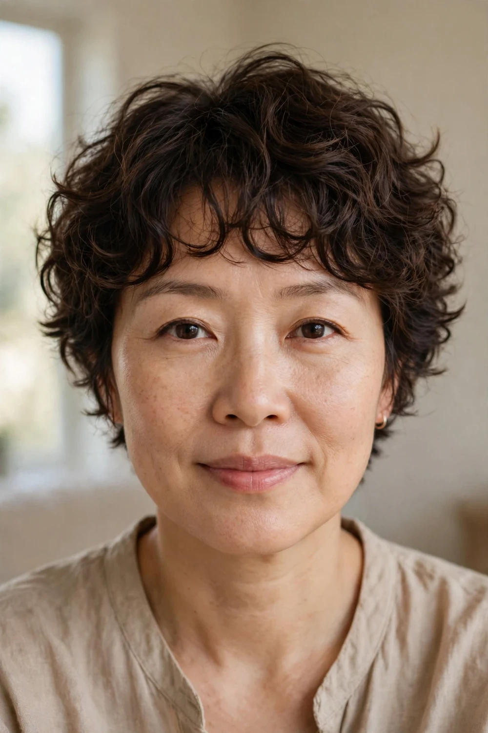 Curly pixie with bangs for fine hair, soft root volume