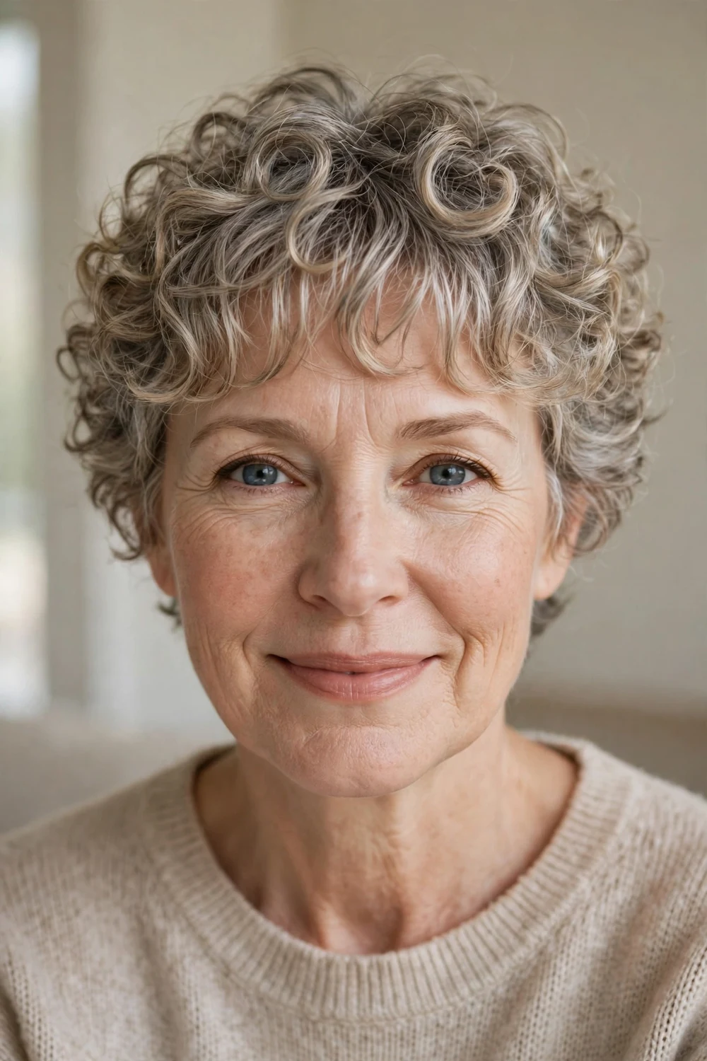 Curly pixie with soft bangs for mature women