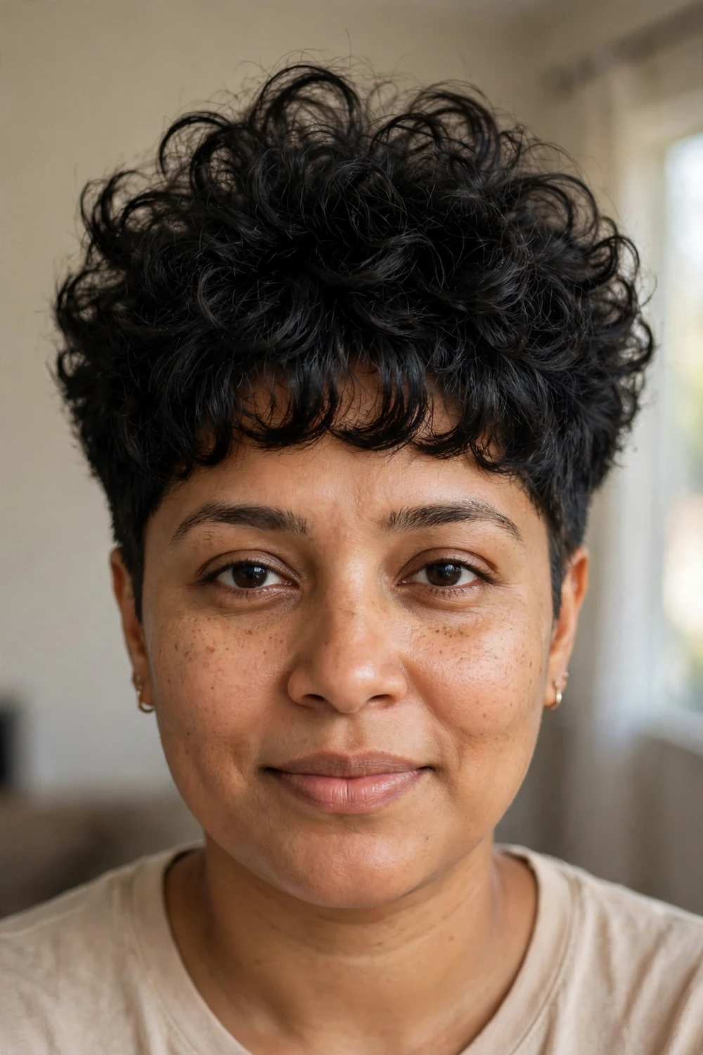 Curly pixie with bangs and crown volume for round faces