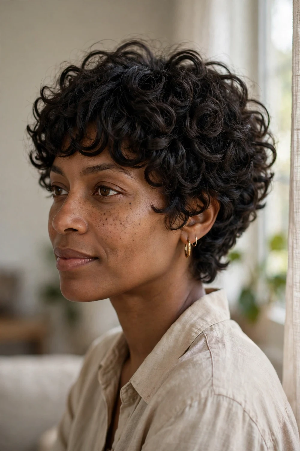 Curly pixie with bangs for thick dense curls