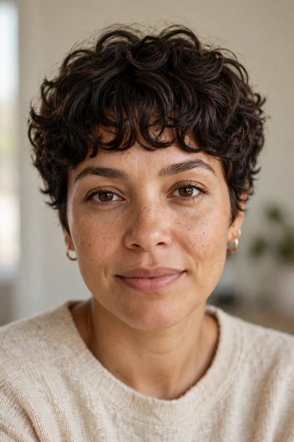 Classic curly pixie haircut with full bangs across the forehead