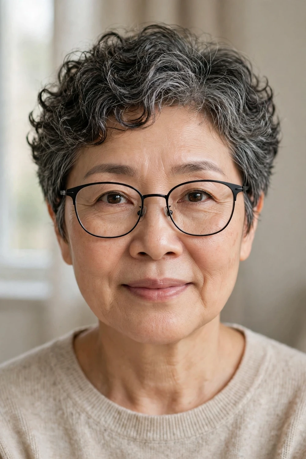 Woman over 50 wearing glasses with a curly pixie, curls framing her face
