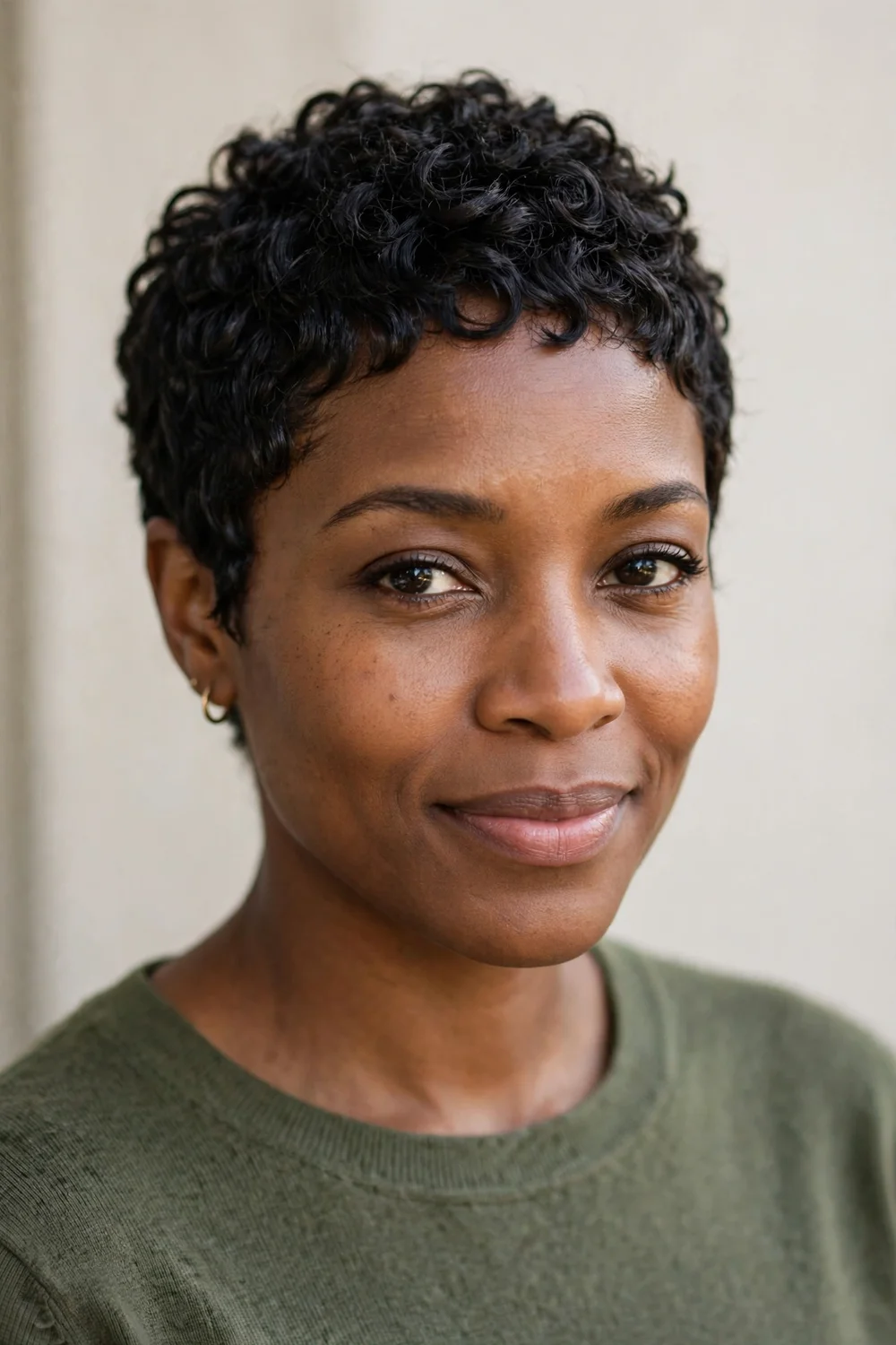 Woman with a short curly pixie