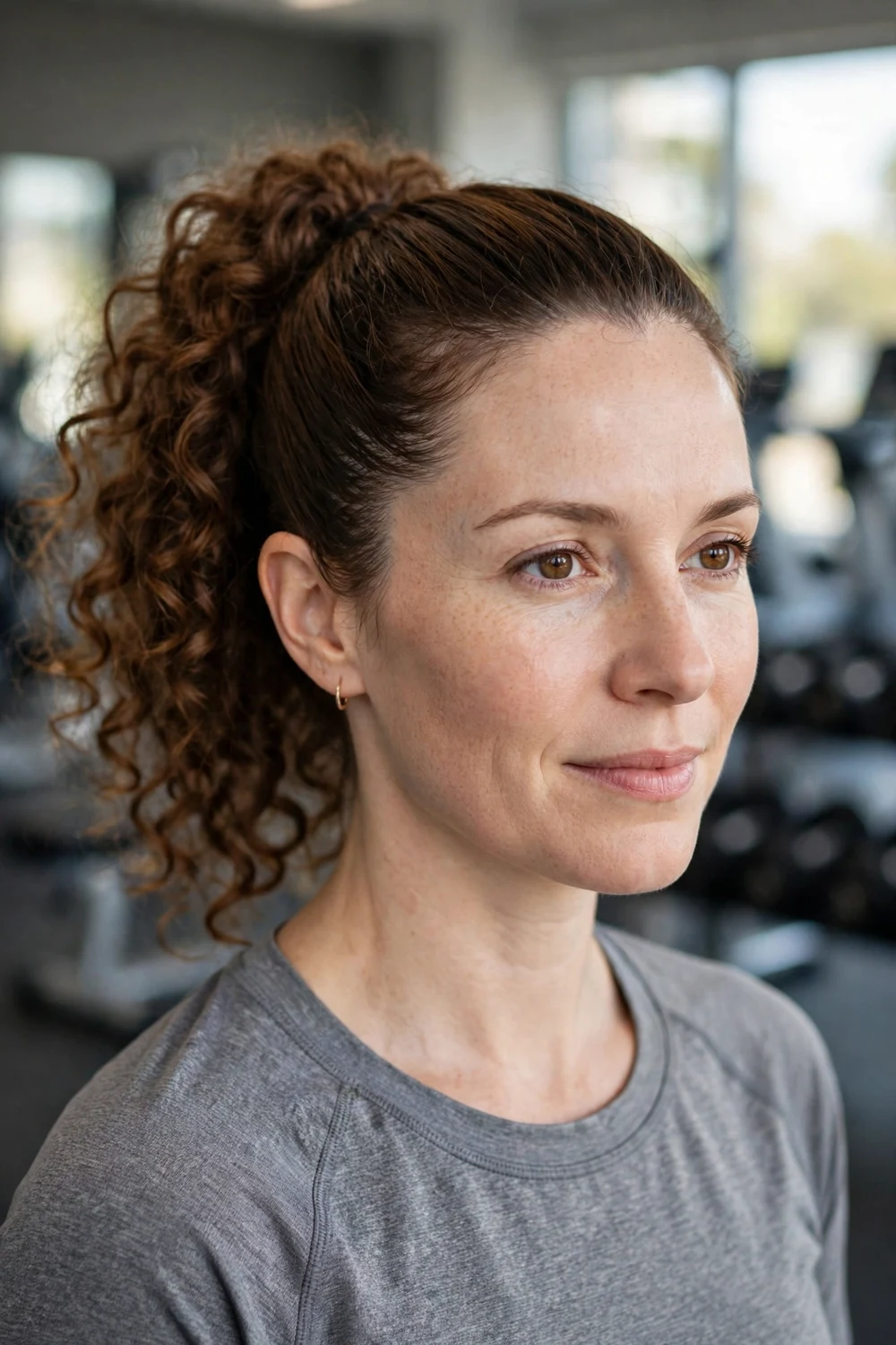 Woman with an oval face wearing a high curly ponytail with sleek edges