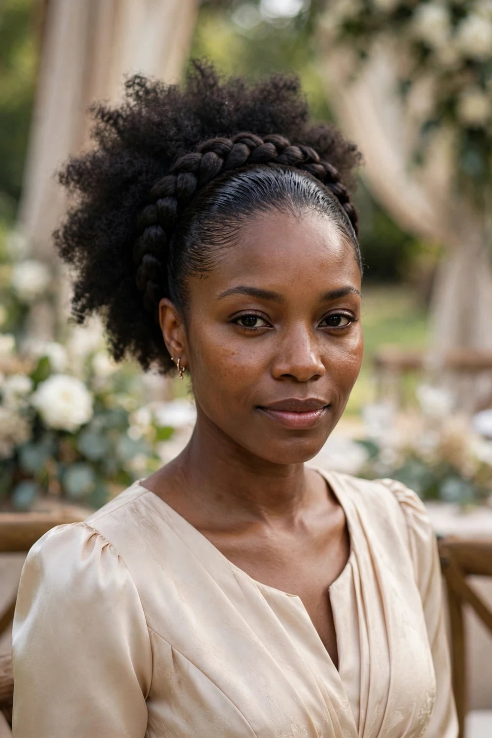 Woman with an oval face wearing a curly puff with a braided wrap around the base
