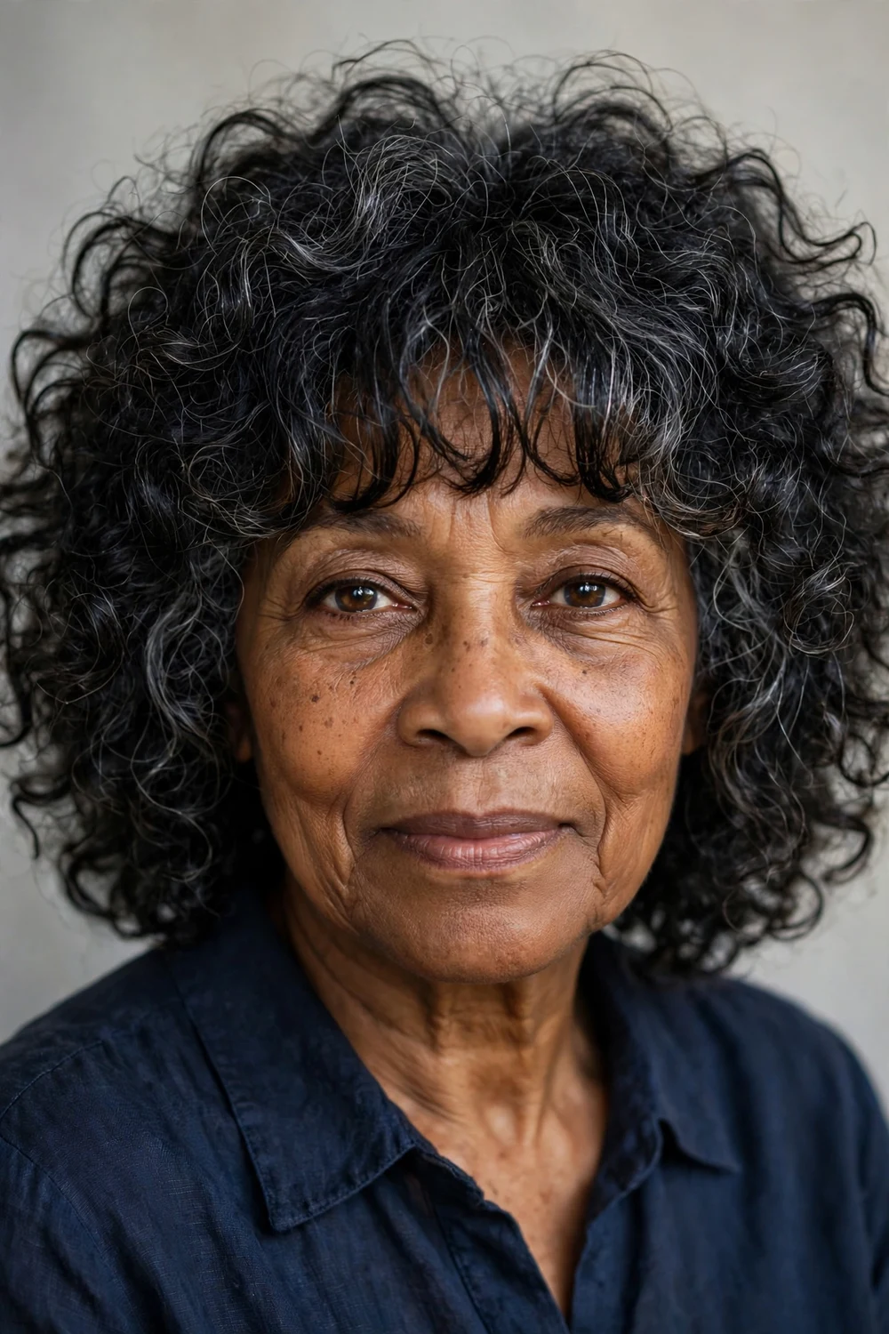 Woman in her 60s with curly shag and bangs, dry-cut ringlets, front view