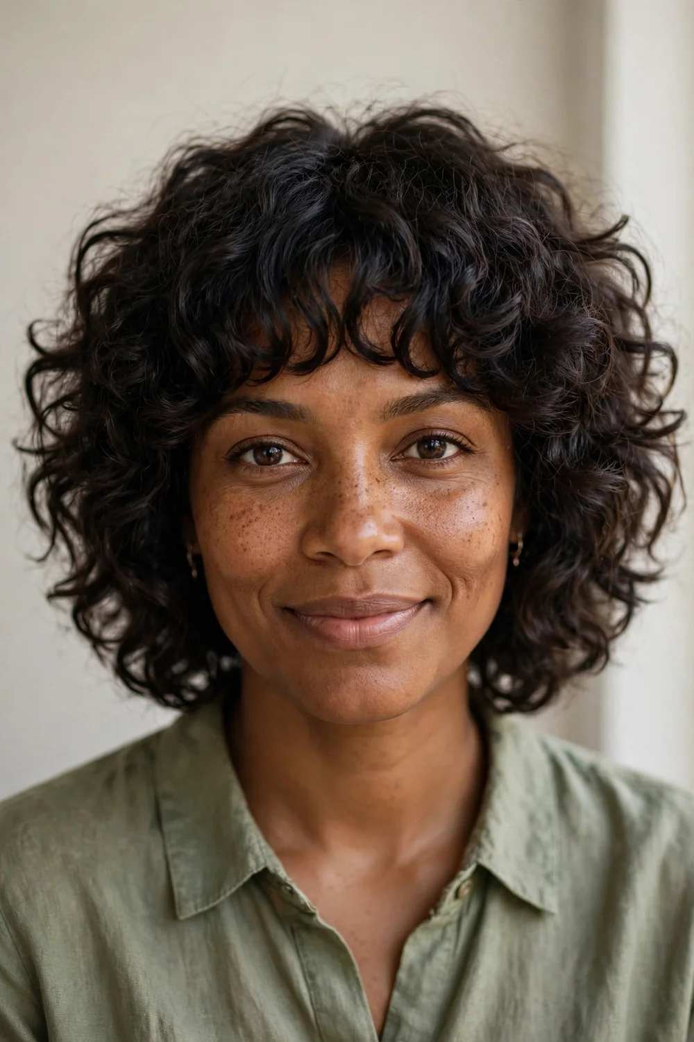 Curly shag haircut with full curly fringe