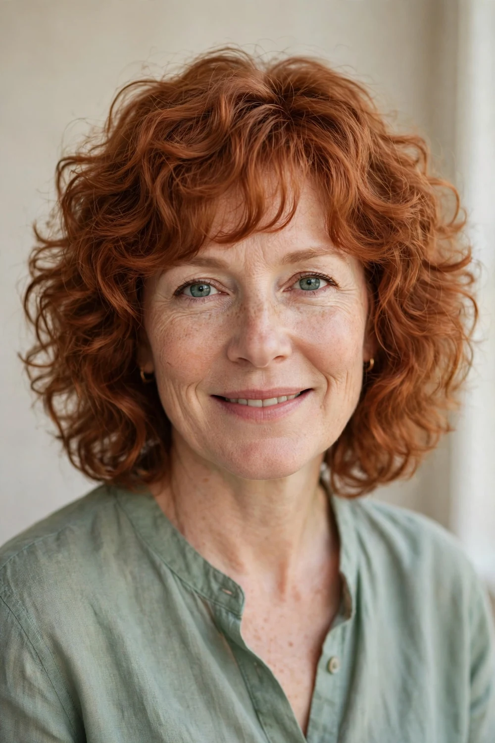Woman with a curly shag haircut, rounded even layers and soft fringe