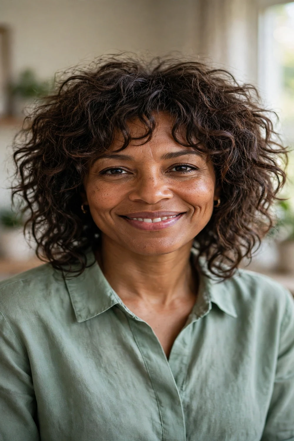 Black woman with a medium-length curly shag haircut, textured layers and volume
