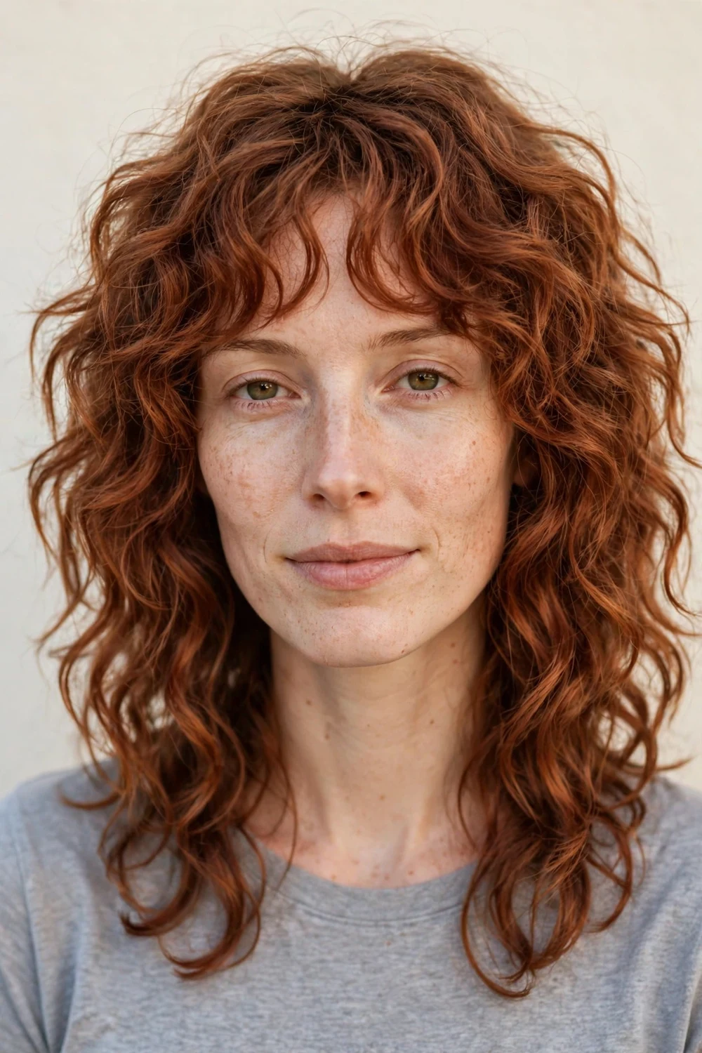 Woman in her late twenties with an oblong face and a medium-length curly shag with choppy layers