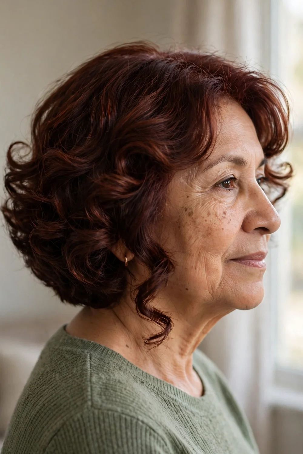 Older woman with a layered curly shag haircut