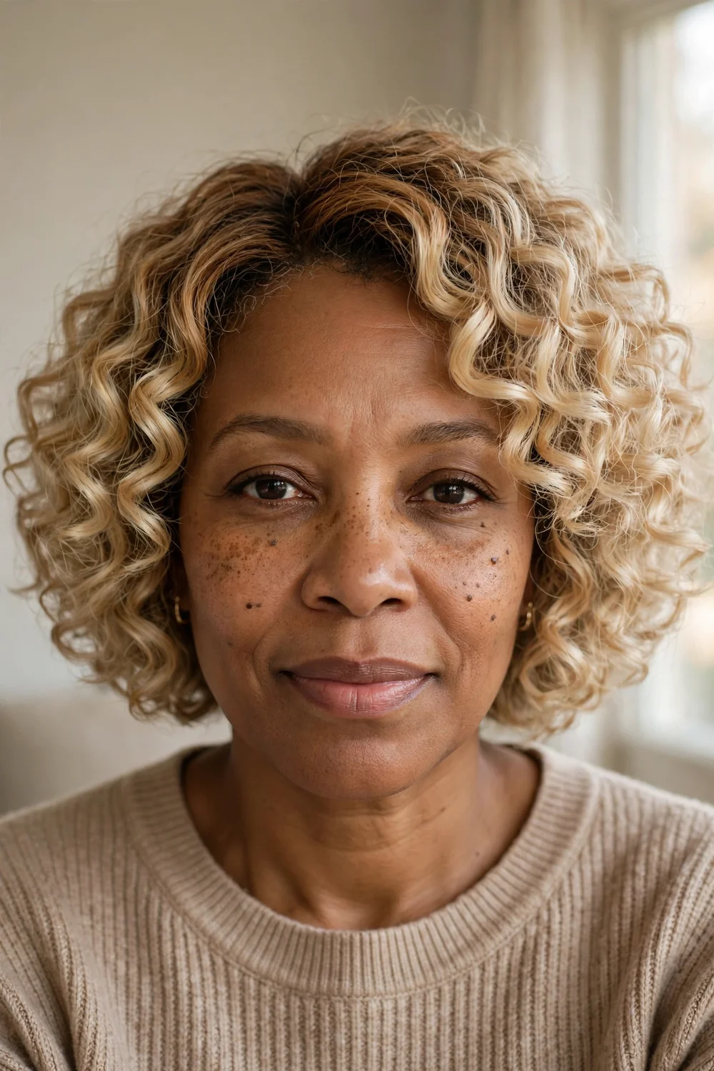 Woman with curly short blonde bob balayage