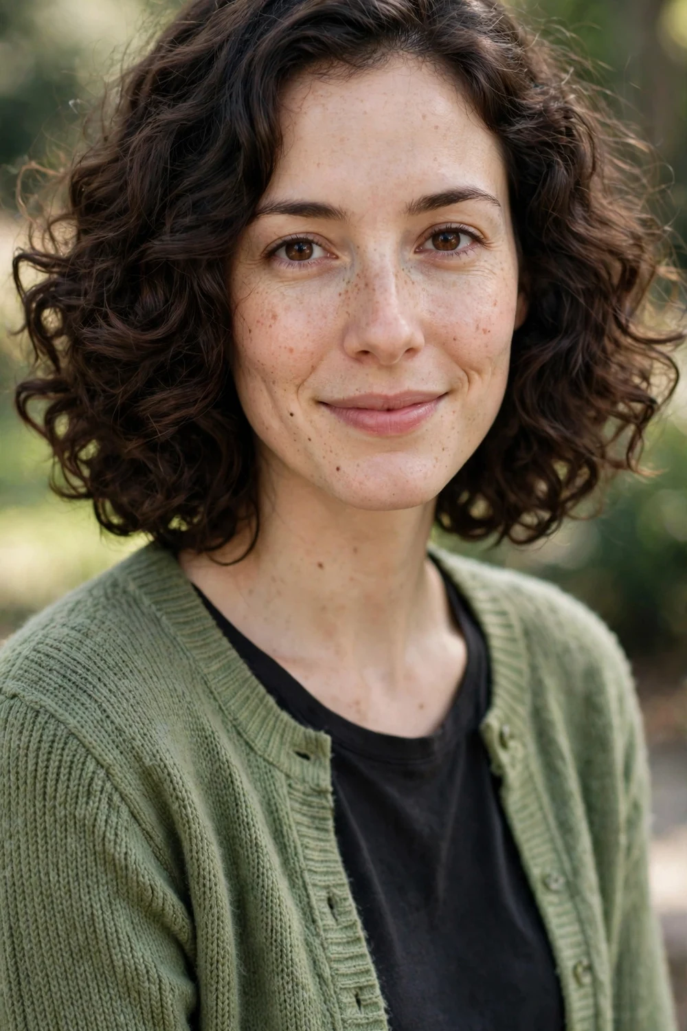 Woman with a long oval face wearing a voluminous curly shoulder-length bob with curls bouncing at cheek level