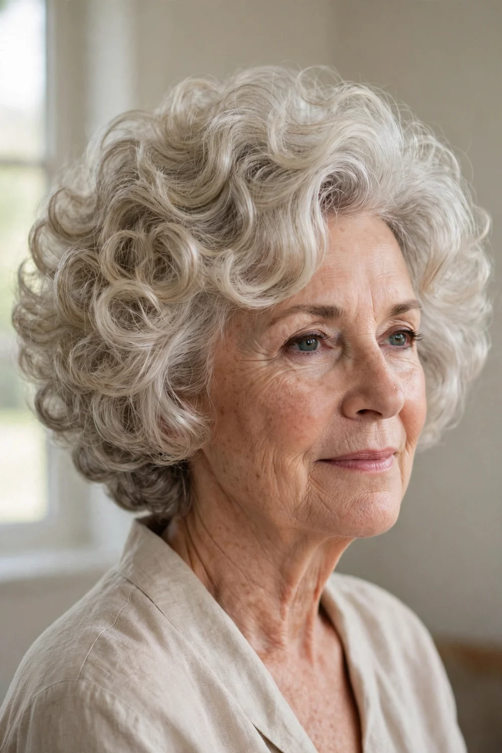 Older woman with a curly stacked bob