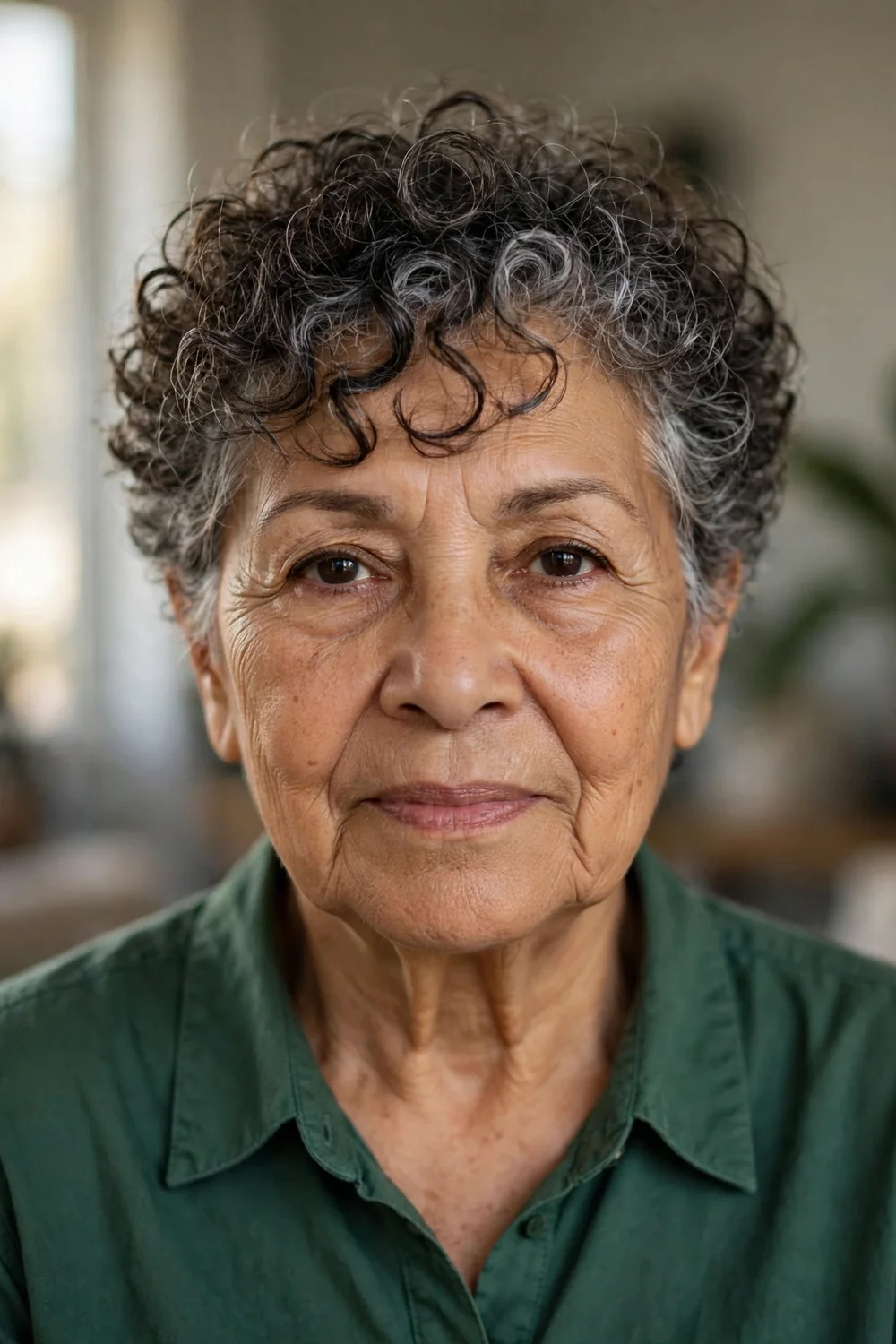 Androgynous curly tomboy crop with subtle texture on older woman