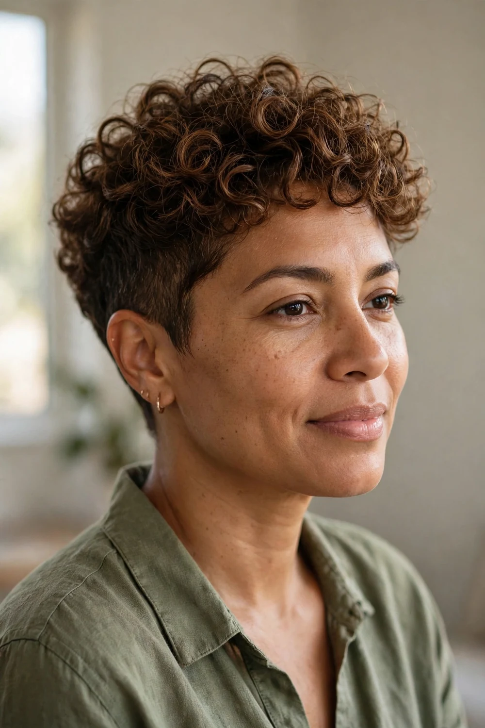 Pixie with longer rounded curly top and tapered short back and sides