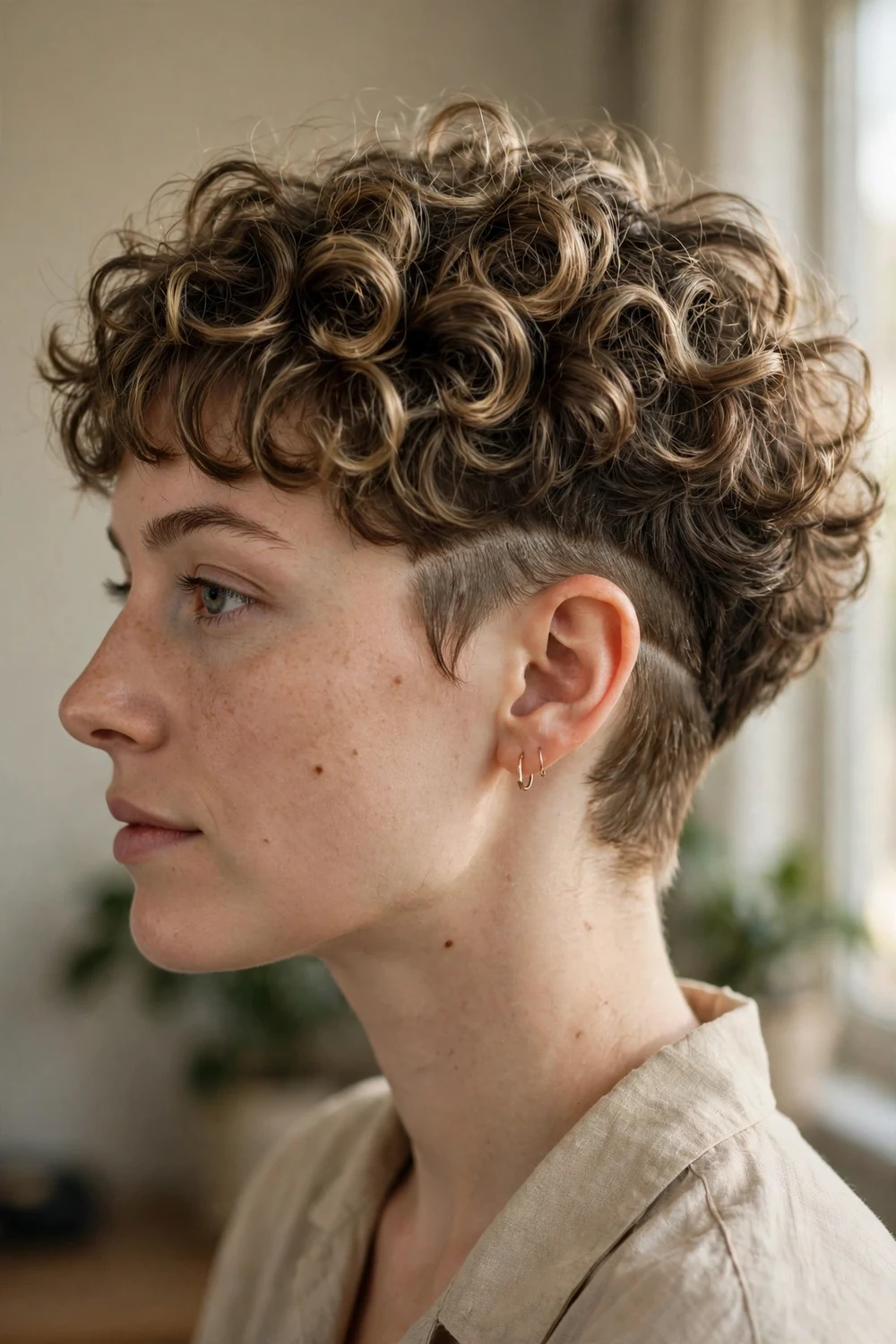 Curly undercut pixie with bangs and shaved underlayer