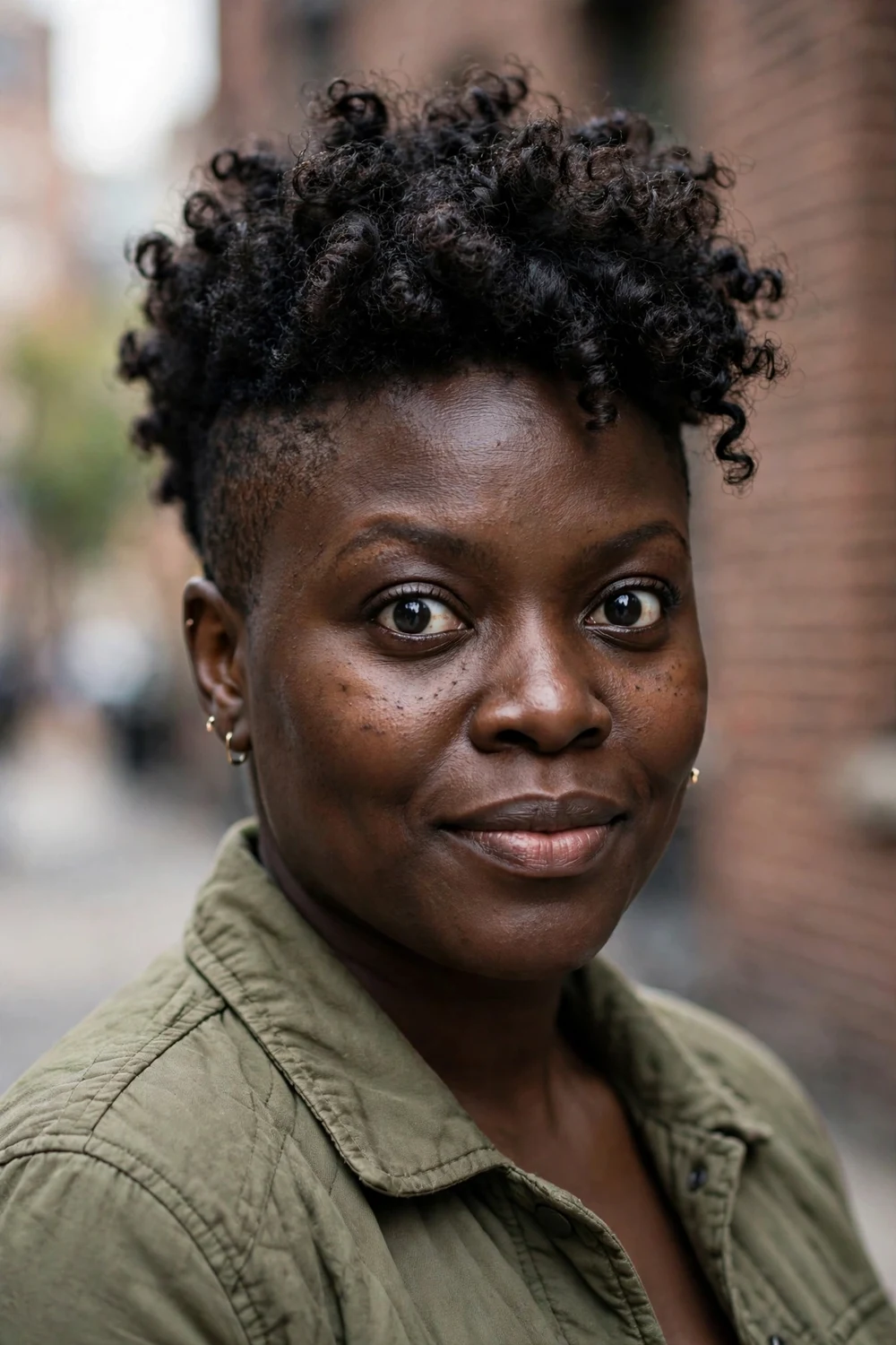 Black woman in her early 30s with a curly undercut, trimmed sides and full curls on top