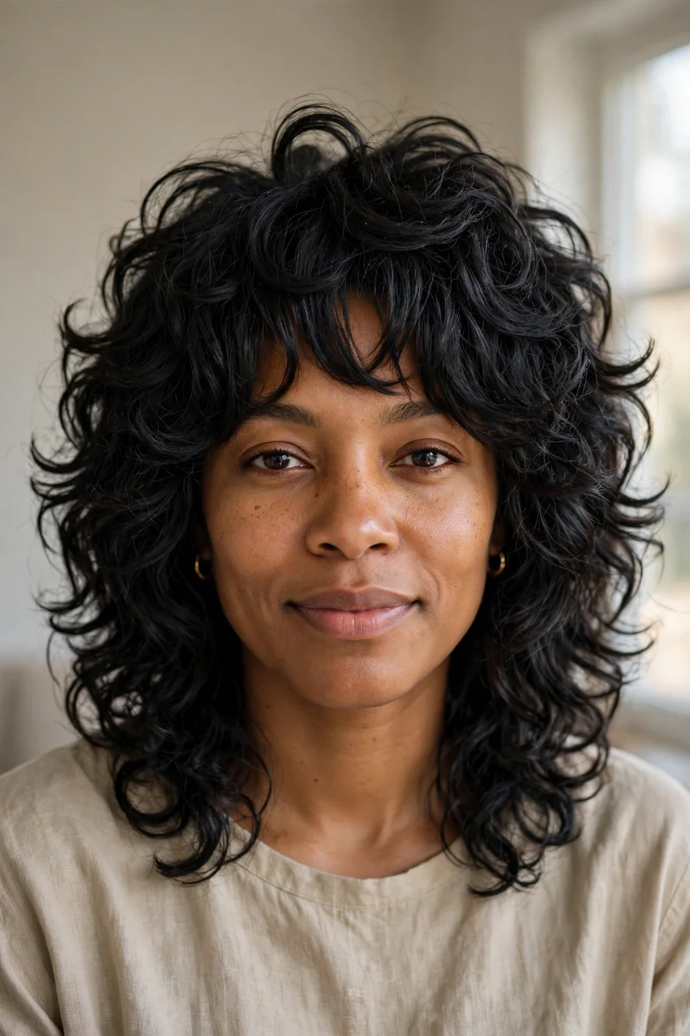 Curly volume wolf cut with defined structured layers on natural black curls