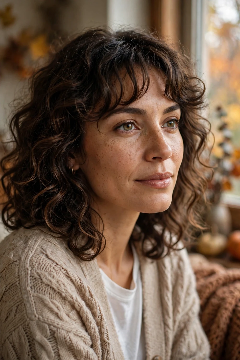 Soft romantic curly waves with curtain bangs