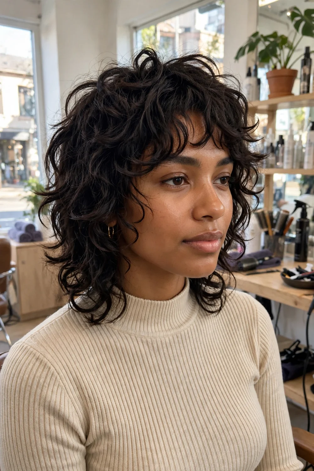 Curly wolf cut hairstyle with defined curls and textured layers