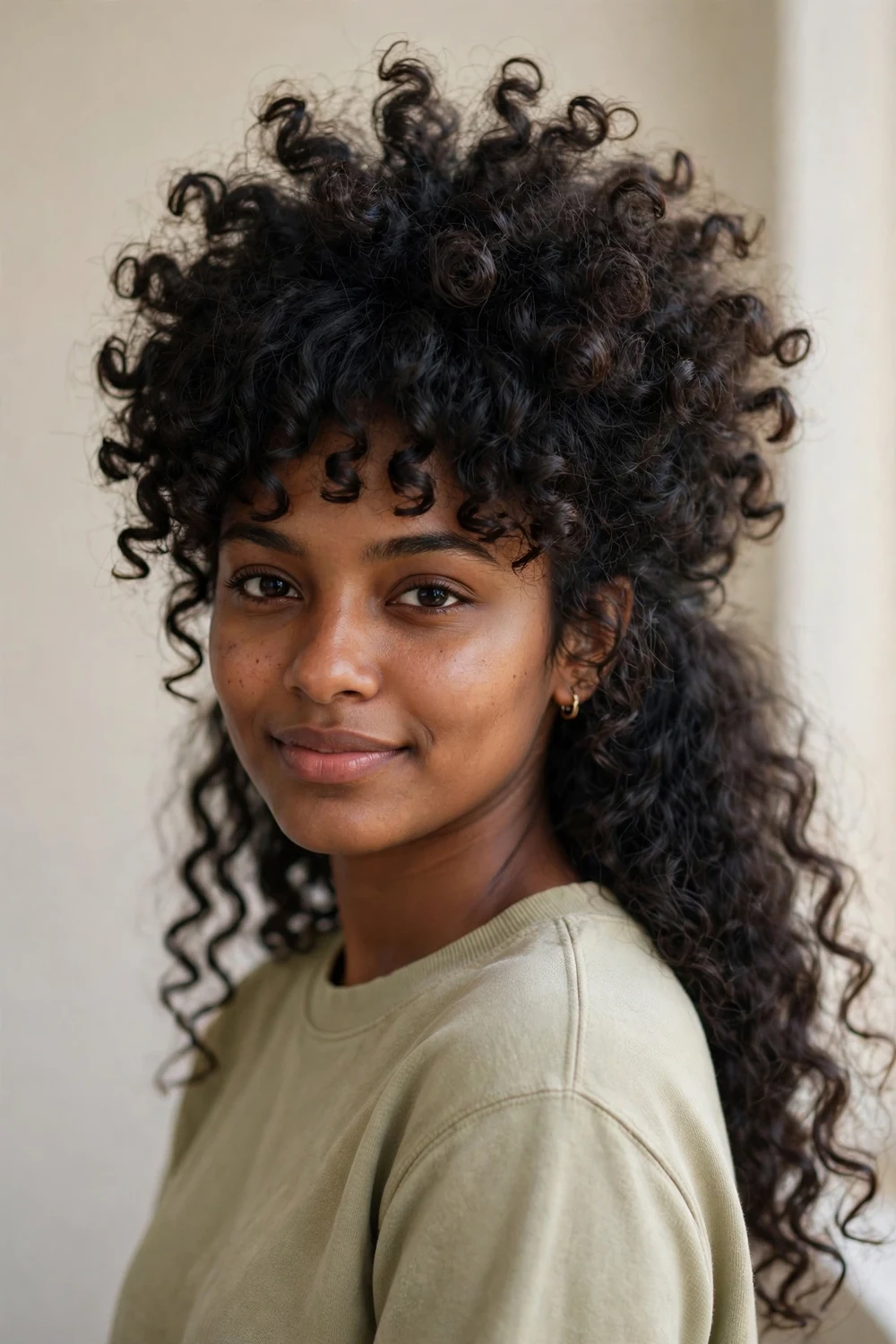 Woman with a curly wolf cut, defined curls with short crown layers