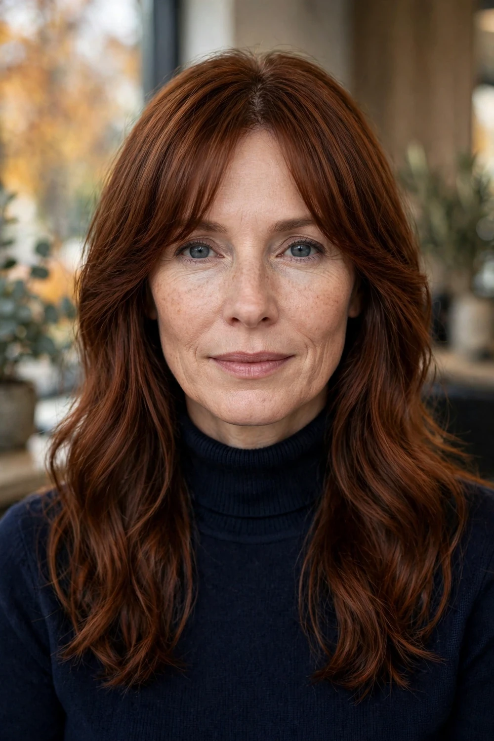 Curtain bangs parted in the center, soft fringe framing face